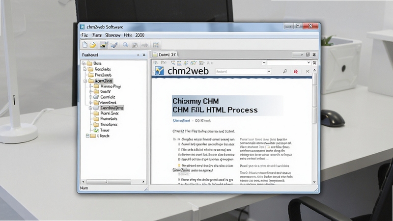 chm2web软件界面展示CHM文件转换HTML过程,画面中央是软件主窗口,左侧显示文件目录树,右侧为网页预览区域,背景为浅灰色办公桌面,整体风格简洁专业