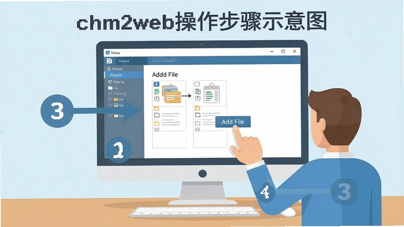 chm2web操作步骤示意图,电脑桌面显示软件主界面,用户正在点击添加文件按钮,界面中有清晰的步骤标注数字1到3,扁平化设计风格,浅色背景