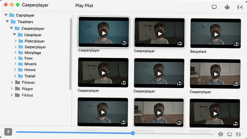 Casperplayer 播放列表界面,左侧为文件夹树状结构,右侧为视频缩略图列表,进度条显示上次播放位置,界面采用浅色清爽风格,突出播放记忆与列表管理功能