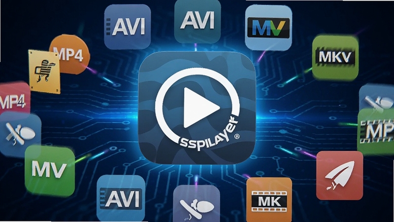 Casperplayer 软件图标悬浮在多种视频格式图标之上,MP4、AVI、MKV 等标志环绕排列,背景为深蓝色渐变科技感光效,画面中心突出播放器标志,整体呈现兼容并蓄的视觉效果
