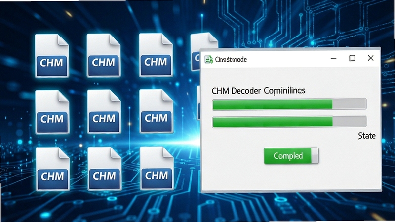 CHM Decoder批量解码功能展示,画面中多个CHM文件图标排列整齐,软件界面显示解码进度条与完成状态,背景为科技感蓝色光效,突出高效处理能力