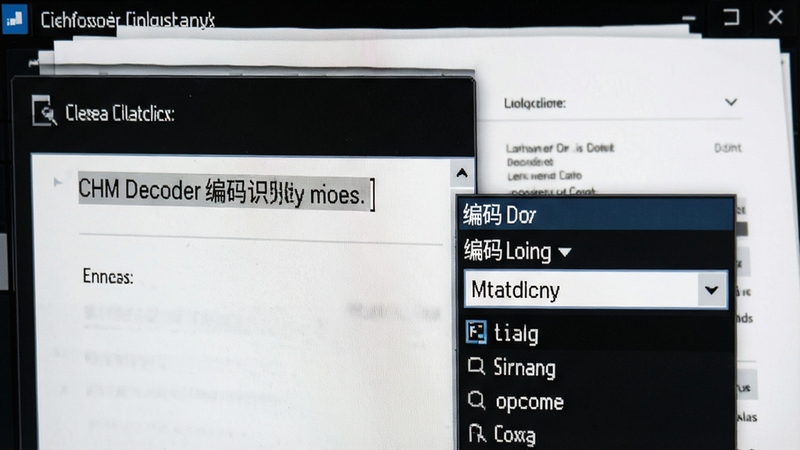 CHM Decoder编码识别功能特写,画面展示软件界面中文字正常显示,旁边有编码选择下拉菜单,背景为白色文档页面,突出清晰易读的视觉效果