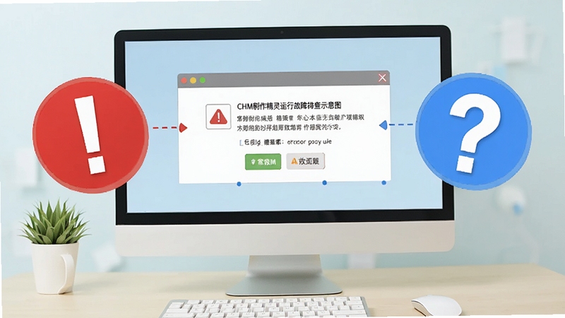 CHM制作精灵运行故障排查示意图,画面主体为电脑屏幕显示错误提示窗口,旁边有红色感叹号与蓝色问号图标,背景为浅色办公桌面,风格简洁直观,用于说明常见问题解决场景