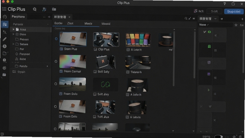 Clip Plus 软件主界面展示片段管理面板,画面中央为素材列表,背景为简洁深色工作区,突出高效整理素材的功能特点