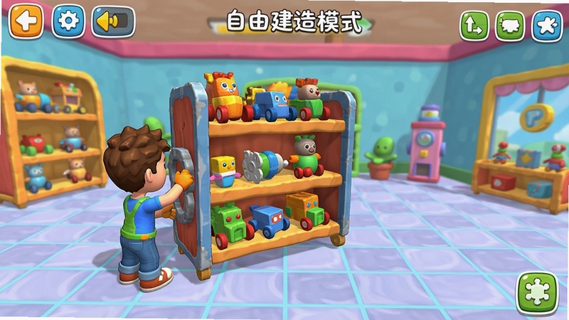 疯狂玩具城 自由建造模式 玩家拖动货架摆放 界面显示网格辅助线 卡通玩具元素 明亮活泼配色 游戏UI截图