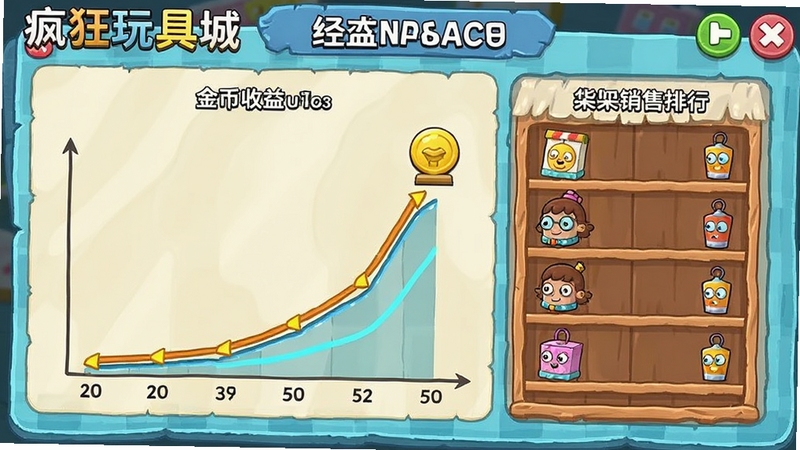 疯狂玩具城 经营数据面板 金币收益曲线 货架销售排行 卡通图表风格 游戏界面截图