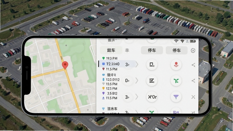 机车速停停车位置记录界面,手机屏幕显示地图标记与停车时间列表,背景为大型停车场俯视图,画面简洁清晰,突出软件功能