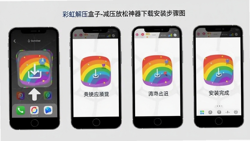 彩虹解压盒子-减压放松神器下载安装步骤图,画面展示手机屏幕上从点击下载到安装完成的四个步骤缩略图,每步配简要文字说明,背景为浅灰色,图标为彩虹色,风格扁平化,适合Boogu模型生成