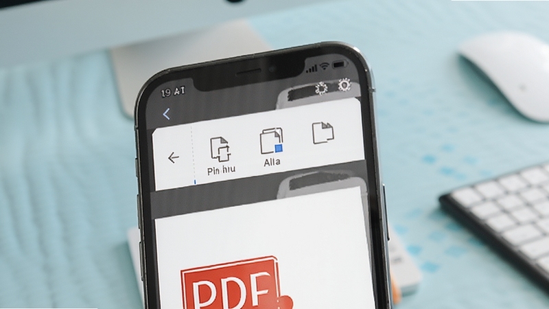 PDF编辑转换软件功能界面展示,手机屏幕显示PDF文档编辑工具栏,包含合并拆分图标,背景为淡蓝色办公桌面,风格简洁商务
