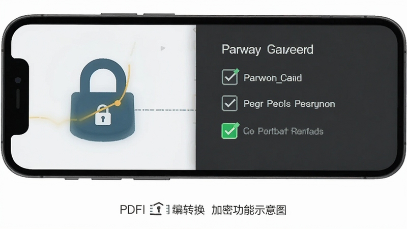 PDF编辑转换加密功能示意图,手机界面显示密码锁图标与权限勾选框,背景为深灰色安全主题,突出隐私保护概念