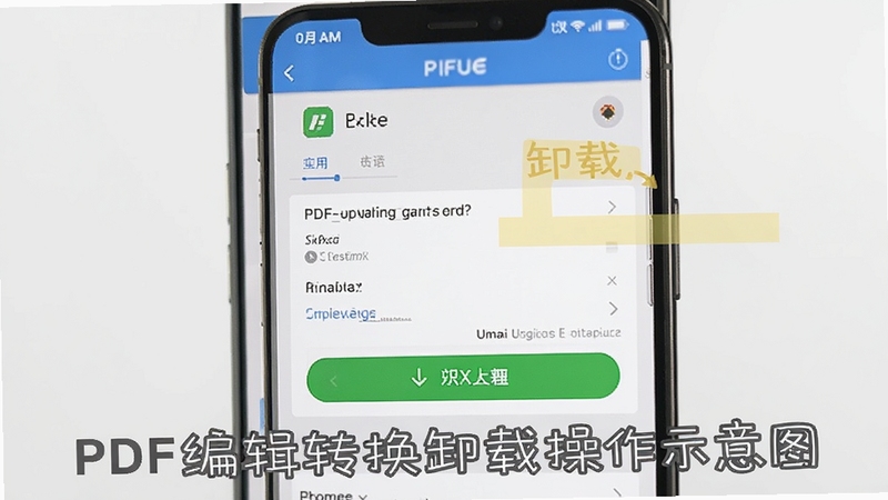 PDF编辑转换卸载操作示意图,手机屏幕显示应用管理界面与卸载按钮,背景为浅灰色系统设置风格,突出操作指引