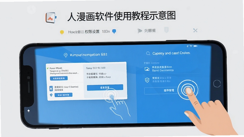 Man漫画软件使用教程示意图,手机屏幕展示权限设置与缓存管理界面,背景为浅灰色,画面中有手指点击操作的示意,扁平化科技插画风格