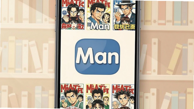Man漫画软件海量资源库界面展示,手机屏幕中呈现整齐的漫画封面网格,背景为浅色书架风格,画面中心突出Man标志,柔和光线,扁平化插画风格