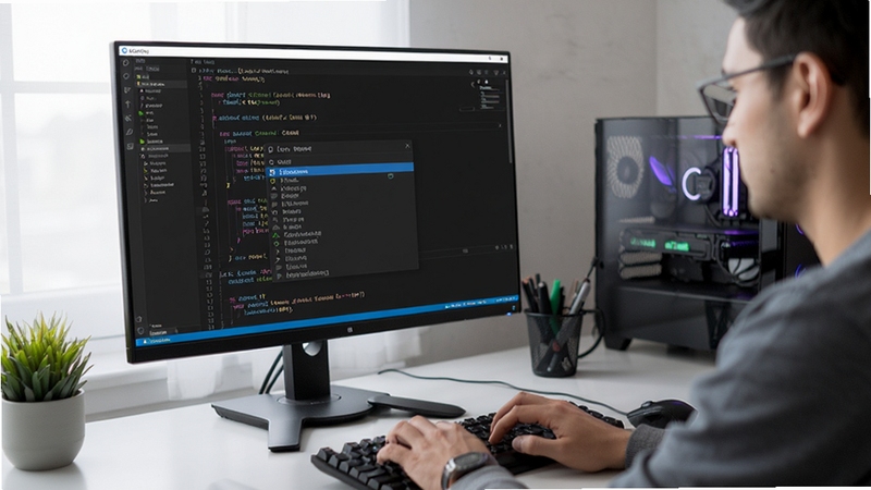 һ������Ա�� CodeLite �༭���б�д C++ ���룬��Ļ����ʾ���ܲ�ȫ�����б����﷨����������Ϊ����İ칫���棬���дʵ�Ƽ���