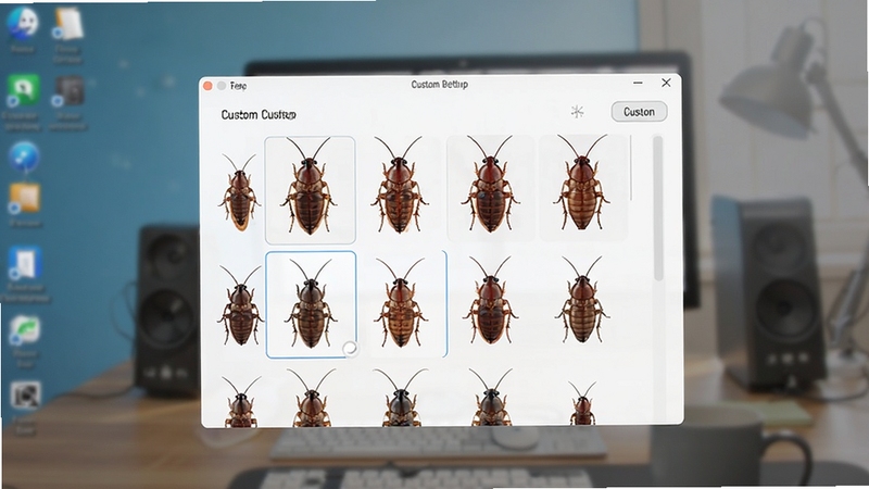 cockroach on desktop软件设置界面中展示多种蟑螂皮肤选项,画面主体位于屏幕中央的设置面板区域,背景区域为模糊的桌面壁纸,面板上显示不同颜色和大小的蟑螂预览图,整体风格简洁直观,突出自定义功能