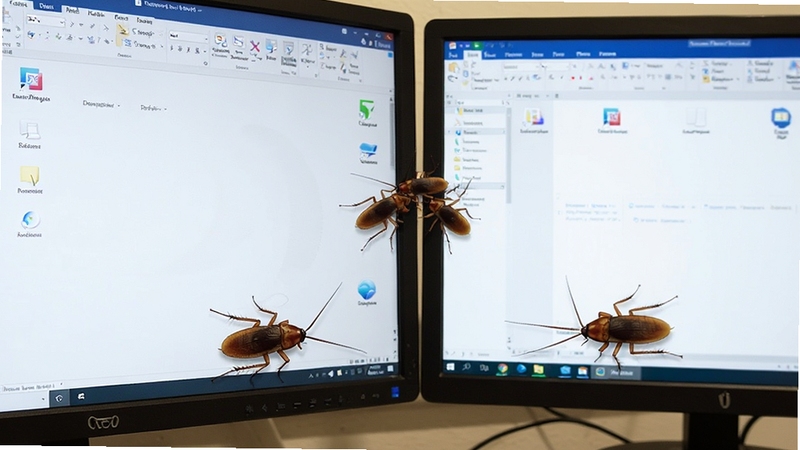 多屏幕电脑桌面上,多只cockroach on desktop蟑螂在不同显示器之间穿梭爬行,画面主体分布在左右两个屏幕的下方区域,背景区域为模糊的办公软件界面和任务栏,整体色调明亮清晰,突出多屏互动的趣味场景