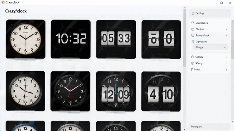 crazyclock 软件中展示多种时钟皮肤样式的选择界面,画面主体为排列整齐的时钟预览缩略图,包含模拟表盘、数字时钟、翻页时钟等不同风格,背景区域为软件设置面板的浅色界面,整体风格清新简洁,适合Boogu模型生成