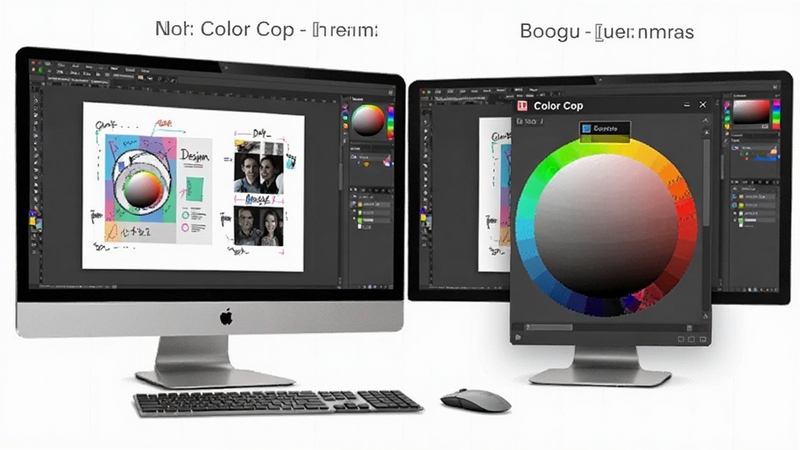Color Cop 在双显示器环境下的取色示意图,左侧屏幕显示设计稿,右侧屏幕显示Color Cop取色窗口,画面明亮,适合Boogu模型生成