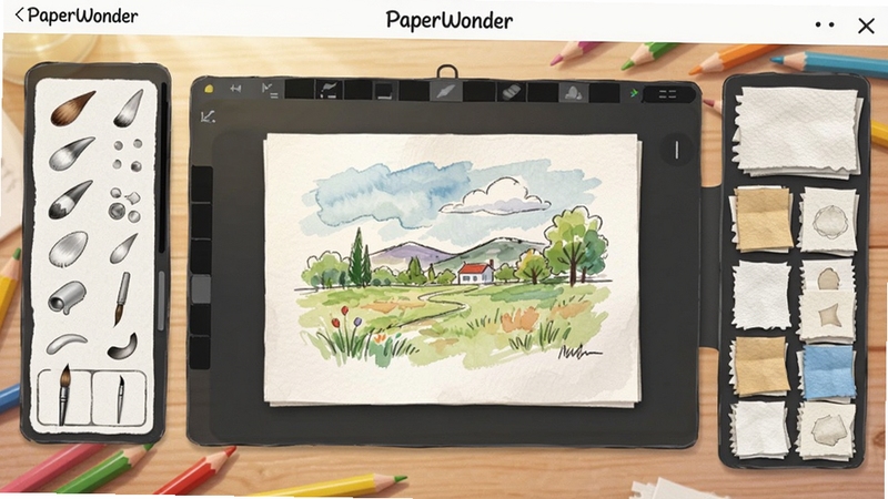 PaperWonder Ӧ��������ȫòչʾ�����������Ǵ򿪵Ļ滭��������������һ��δ��ɵ�ˮ�ʷ羰��ͼ�����ܻ����ŷ����ˢ�����ֽ������ѡ��������������Ϊǳľɫ������ɢ��Ĳ�ɫǦ�ʣ�������������ů������ Boogu ģ�����ɣ��������� PaperWonder �Լ����������ڽ��涥��