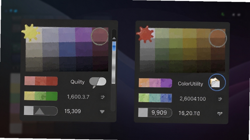 ColorUtility色彩格式转换与对比功能示意图,画面主体为两个并排的颜色预览框位于屏幕中央,背景为深色渐变,颜色数值以清晰字体显示