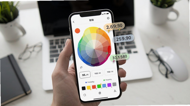 ColorUtility移动端使用场景示意图,画面主体为手机屏幕显示取色界面,背景为手持设备与桌面,颜色数值悬浮在屏幕上,风格清新简洁