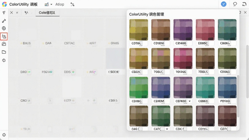 ColorUtility调色板管理界面预览,画面主体为多个彩色色块组成的调色板面板,位于屏幕右侧,背景为浅灰色工作区,色块排列整齐,标注有颜色代码
