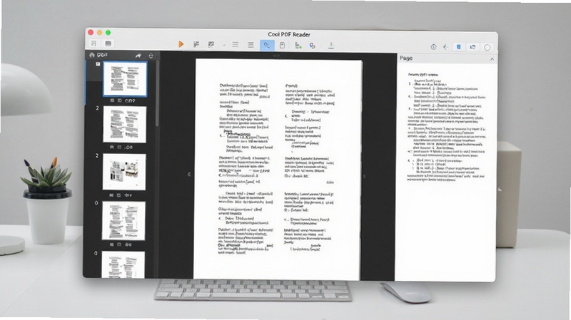 Cool PDF Reader 软件主界面全貌展示,画面中央是打开的PDF文档阅读窗口,左侧为缩略图导航栏,右侧为页面内容区,背景为浅灰色办公桌面环境,整体色调清爽简洁,适配 Boogu 模型生成