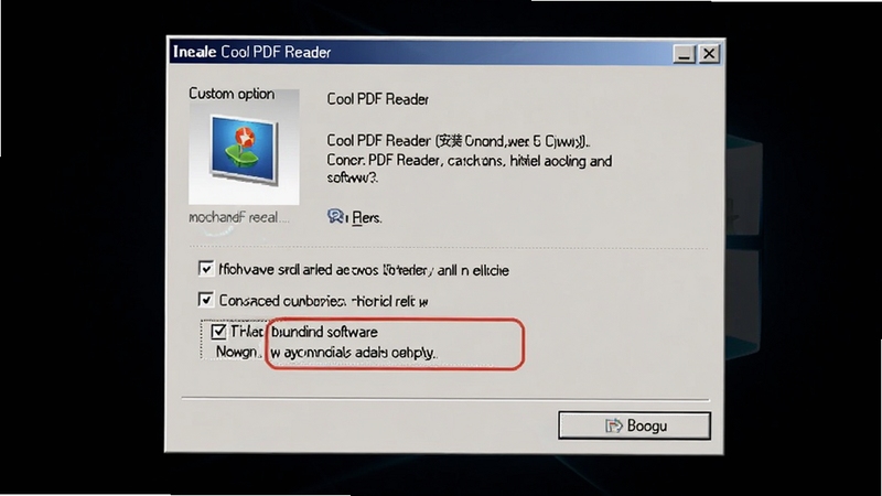 Cool PDF Reader 安装设置界面截图,画面展示安装向导中的自定义选项页面,重点突出取消捆绑软件的复选框位置,界面风格为经典Windows安装窗口,背景为纯白色,适配 Boogu 模型生成
