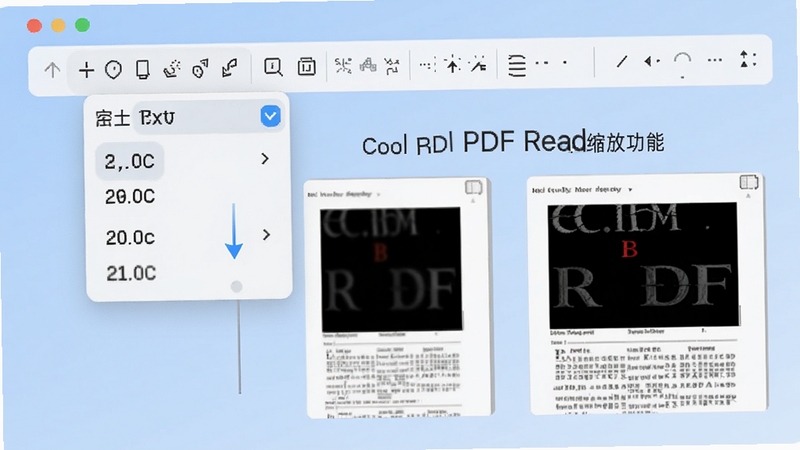 Cool PDF Reader 页面缩放功能演示图,画面展示软件工具栏中缩放比例选项下拉菜单,旁边是PDF文档在不同缩放比例下的对比效果,背景为淡蓝色渐变,突出功能操作细节,适配 Boogu 模型生成