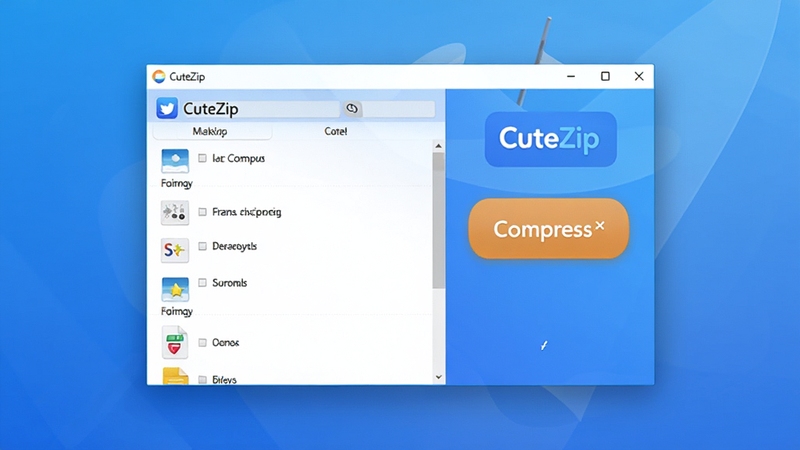 һ����ΪCuteZip����������չʾͼ���������������������ڣ���������ʾ�Ŵ�ѹ�����ļ��б�����Ŀ��ѹ����ť���������������ɫ�������滷�������������¼�Լ��ͻ��CuteZip��Ʒ�Ʊ�ʶ������������ϸ�ڷḻ���ʺ���������վչʾ