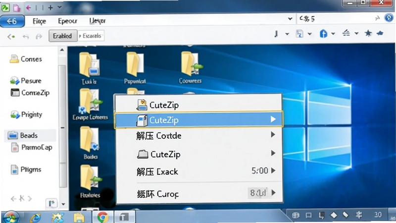 CuteZip�������Ҽ��˵����ɹ���ʾ��ͼ��������ʾ��Windows�ļ���Դ�������У��û��Ҽ����һ��ѹ�����ļ��������Ĳ˵��и�����ʾ��CuteZip�Ľ�ѹѡ������ǵ��͵������ļ�Ŀ¼�����廭��ֱ�����ˣ�ͻ�������
