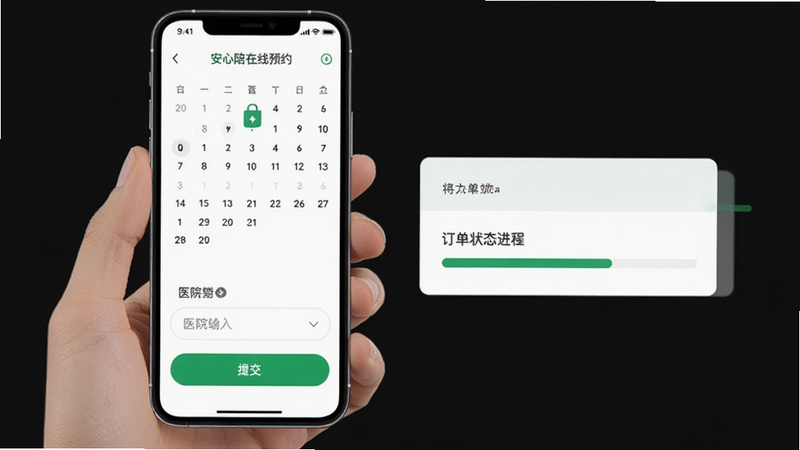 ����������ԤԼ���棬�ֻ���Ļ��ʾ����ѡ��ҽԺ�������ύ��ť���Ա��ж���״̬������������������Ʒ�񣬰�ɫ����������ɫ��׺
