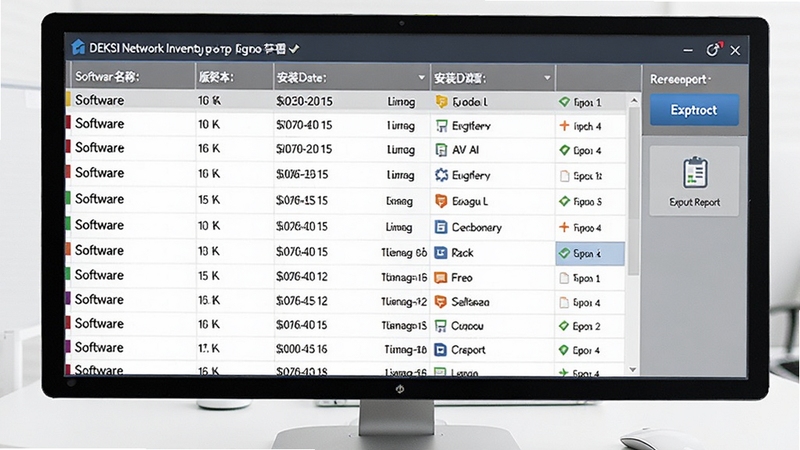 DEKSI Network Inventory软件资产管理界面,屏幕中央展示多行软件清单表格,包含软件名称、版本、安装日期等列,右侧有导出报表按钮,背景为纯白色办公桌面,风格清晰商务,适配Boogu模型生成