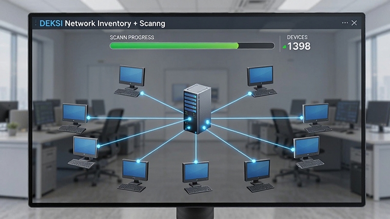 DEKSI Network Inventory正在扫描局域网设备,画面中多台电脑图标通过线条连接到中心服务器,界面显示扫描进度条和设备数量统计,背景为浅灰色办公环境,风格写实科技感,适配Boogu模型生成