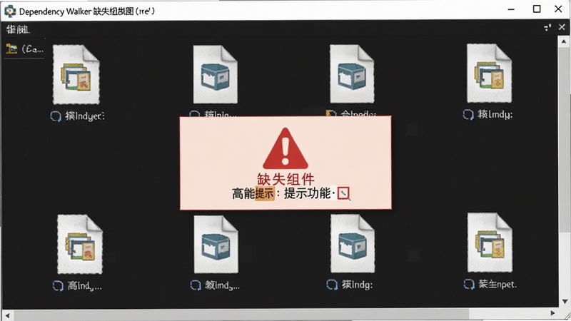 Dependency Walker 缺失组件高亮提示功能示意图,画面中央弹出红色警告标识,周围环绕模块文件图标,背景为深色界面,突出警示效果,风格简洁直观