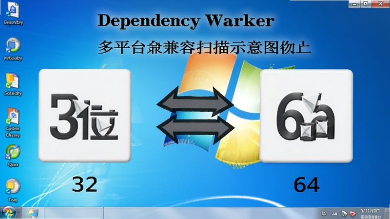 Dependency Walker 多平台兼容扫描示意图,画面展示 32 位与 64 位模块图标并列排列,中间用双向箭头连接,背景为 Windows 系统桌面风格,整体色调清爽