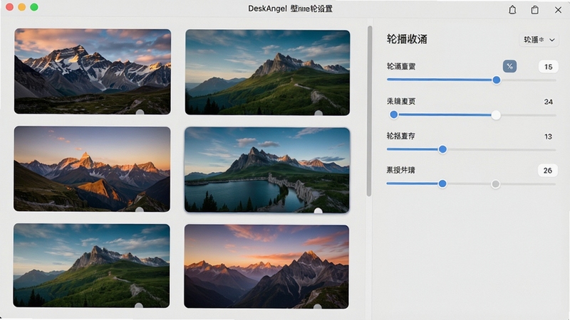 DeskAngel壁纸轮播设置界面,画面展示多张风景壁纸缩略图排列在左侧,右侧为轮播参数调节面板,背景为浅灰色极简风格,整体干净利落