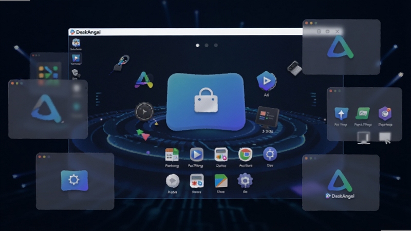 DeskAngel软件主界面预览,中央展示动态桌面组件与图标排列效果,背景为深色渐变科技风格,四周环绕半透明悬浮面板,画面简洁明亮,突出DeskAngel品牌标识