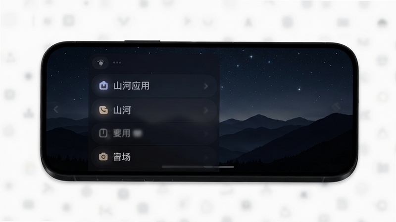 山河应用深色模式界面,手机屏幕显示暗色背景下的内容列表,文字清晰柔和,图标带有微光效果,背景为夜晚山峦剪影,星空点缀,氛围静谧,高质量UI渲染