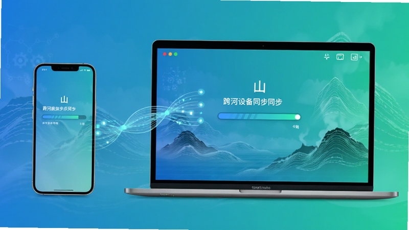山河应用跨设备同步示意图,手机与笔记本电脑并排展示,屏幕间有数据流光连接,界面显示同步进度条,背景为抽象山脉线条,科技感与人文感结合,蓝绿渐变色调