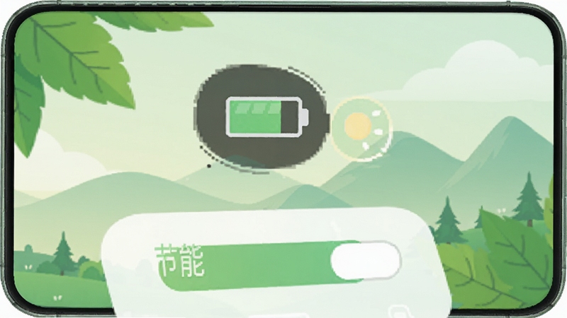 山河应用省电模式设置界面,手机屏幕显示电池图标与节能开关,背景为绿色叶片与山峦图案,清新自然风格,扁平化图标设计,柔和光影效果