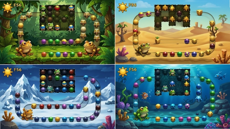 ȫ�����������ؿ�����չʾͼ�������Ϊ�ĸ�����ֱ�չʾ���֡�ɳĮ��ѩɽ���������ֲ�ͬ�����������Ϸ������ÿ�������ж���ʯ�ܺͲ�ɫ������������ɫ�ʷḻ��η�����������Ϸ�Ķ�����