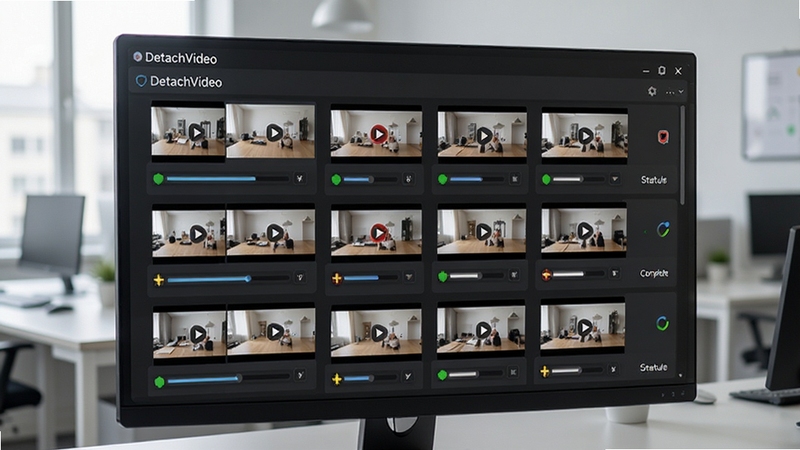 DetachVideo批量处理界面,画面展示多个视频文件缩略图排列在任务列表中,每个文件旁有进度条和完成状态标识,背景为浅色办公环境,突出高效批处理氛围