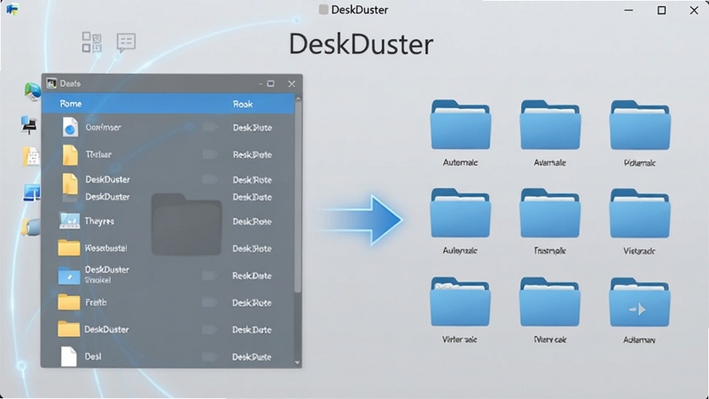 DeskDuster 软件界面中展示智能分类整理功能,画面左侧为桌面文件列表,右侧为自动分类后的文件夹图标,中间有箭头表示整理过程,背景为淡灰色,整体风格简洁科技感,画面中包含 DeskDuster 字样