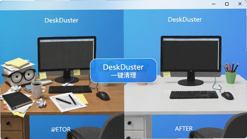 DeskDuster 一键清理功能界面,展示清理前后的对比效果,左侧杂乱桌面,右侧整洁桌面,中间有清理按钮,按钮上写着 DeskDuster 一键清理,背景为渐变蓝色,风格清爽