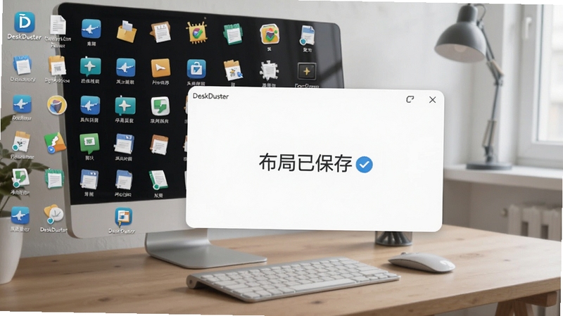 DeskDuster 桌面图标布局记忆功能展示,画面中显示桌面图标整齐排列,软件界面浮窗显示“布局已保存”,背景为办公桌面,风格简约,包含 DeskDuster 标识