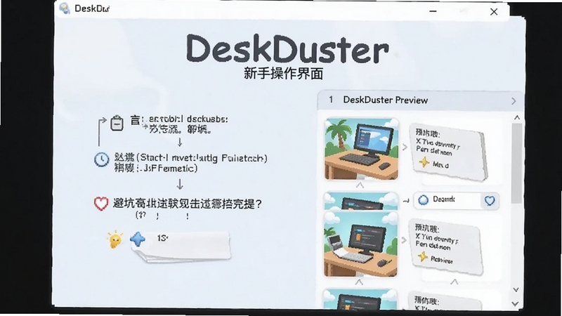 DeskDuster 新手操作界面截图,画面中显示软件引导步骤和预览列表,背景为浅色,风格友好,包含 DeskDuster 字样,突出避坑提示