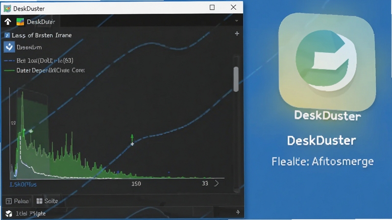 DeskDuster 轻量运行示意图,画面中显示电脑任务管理器资源占用低,旁边有 DeskDuster 图标,背景为纯色,风格简洁,突出软件轻量无广告的特点