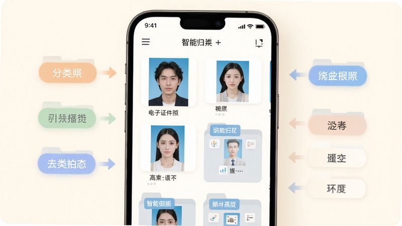 电子证件照查存 智能归类功能界面,画面展示手机屏幕内不同尺寸证件照被自动分入不同文件夹,文件夹标签清晰可见,背景为柔和米白色,屏幕周围有分类箭头与标签元素,整体风格清新,适配Boogu模型生成