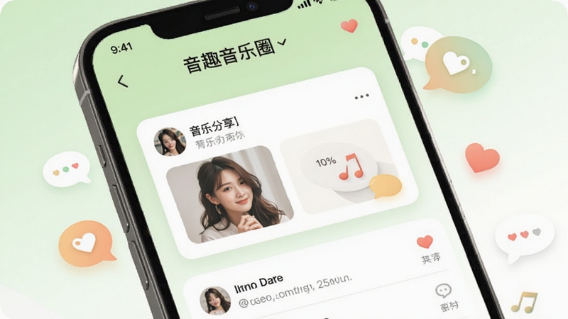 音趣音乐圈社交动态页面,手机屏幕展示用户发布的音乐分享卡片与评论区互动,背景区域为淡绿色与白色渐变,点缀对话气泡与爱心图标,画面温馨友好